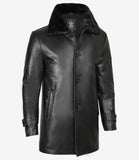 Men's 3/4 Black Real Leather Coat With Fur Collar