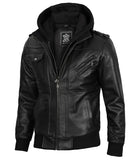 Tall Men's Black Leather Jacket with Removable Hood