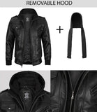 Tall Men's Black Leather Jacket with Removable Hood