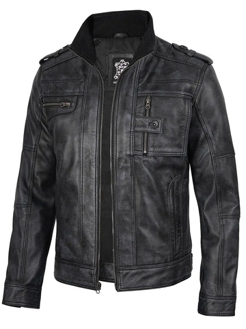 Tavares Mens Distressed Black Leather Biker Style Jacket