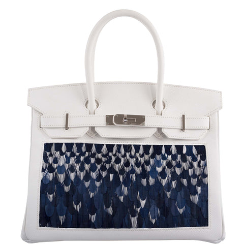 Vintage Hermes Birkin 30 White Epsom with Custom Feather Panel & Palladium Hardware - 2010, N Square