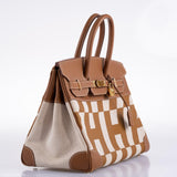 Vintage Hermes Birkin 35 Gold Courchevel with Painted Ulysses Toile Canvas & Gold Hardware - 1998, B Square