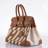 Vintage Hermes Birkin 35 Gold Courchevel with Painted Ulysses Toile Canvas & Gold Hardware - 1998, B Square