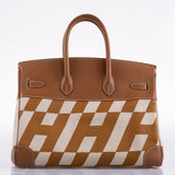 Vintage Hermes Birkin 35 Gold Courchevel with Painted Ulysses Toile Canvas & Gold Hardware - 1998, B Square