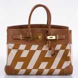 Vintage Hermes Birkin 35 Gold Courchevel with Painted Ulysses Toile Canvas & Gold Hardware - 1998, B Square