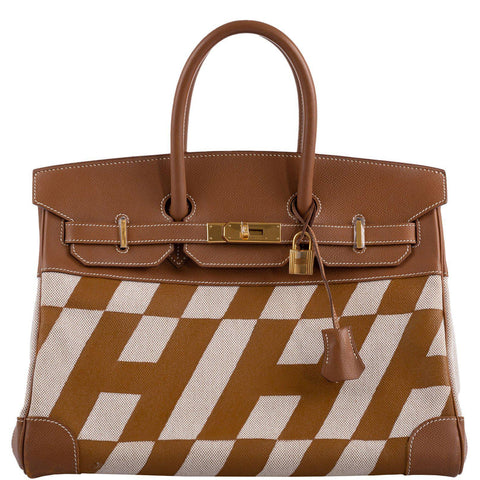 Vintage Hermes Birkin 35 Gold Courchevel with Painted Ulysses Toile Canvas & Gold Hardware - 1998, B Square