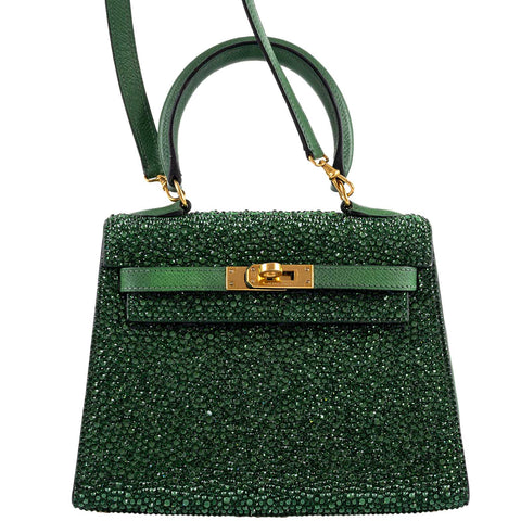 Vintage Hermes Emerald Kelly of Oz with Swarovski Crystals Epsom Gold Hardware