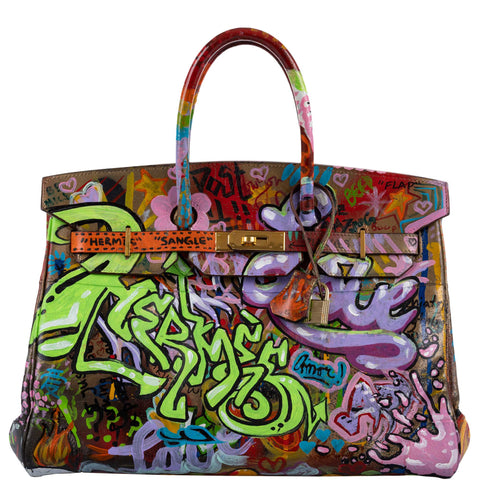 Vintage Hermes ‘Graffiti’ Birkin 35 Custom Painted Box Leather with Gold Hardware - 1998, B Square, Artwork 2021.