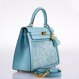 Vintage Hermes Kelly 25 Sellier Blue Atoll Tadelakt with Custom Feather Panel Gold Hardware