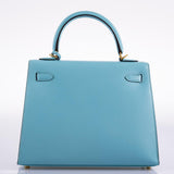 Vintage Hermes Kelly 25 Sellier Blue Atoll Tadelakt with Custom Feather Panel Gold Hardware