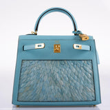 Vintage Hermes Kelly 25 Sellier Blue Atoll Tadelakt with Custom Feather Panel Gold Hardware