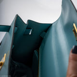 Vintage Hermes Kelly 25 Sellier Blue Atoll Tadelakt with Custom Feather Panel Gold Hardware