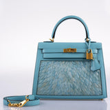 Vintage Hermes Kelly 25 Sellier Blue Atoll Tadelakt with Custom Feather Panel Gold Hardware