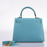 Vintage Hermes Kelly 25 Sellier Blue Atoll Tadelakt with Custom Feather Panel Gold Hardware