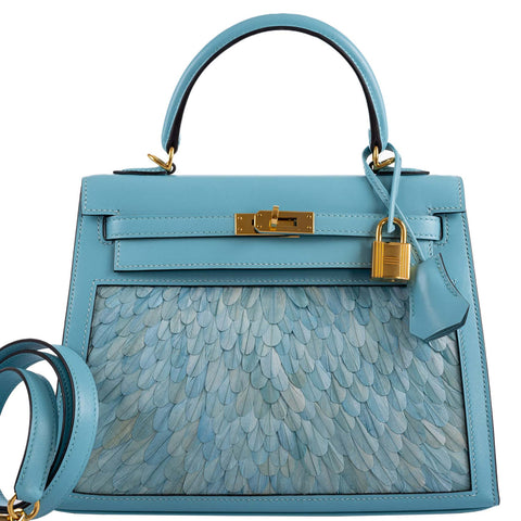 Vintage Hermes Kelly 25 Sellier Blue Atoll Tadelakt with Custom Feather Panel Gold Hardware
