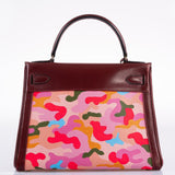 Vintage Hermes Kelly 28 Retourne Rouge H Calf Box & Toile Camouflage Painting