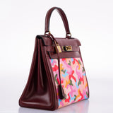 Vintage Hermes Kelly 28 Retourne Rouge H Calf Box & Toile Camouflage Painting