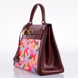 Vintage Hermes Kelly 28 Retourne Rouge H Calf Box & Toile Camouflage Painting