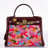 Vintage Hermes Kelly 28 Retourne Rouge H Calf Box & Toile Camouflage Painting