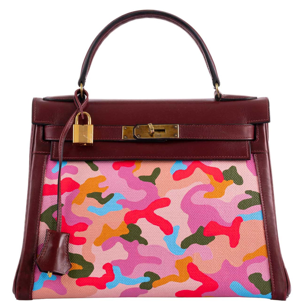 Vintage Hermes Kelly 28 Retourne Rouge H Calf Box & Toile Camouflage Painting