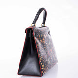 Vintage Hermes Kelly 28 Sellier Black Box Painted "Qashqai" Design with Gold Hardware