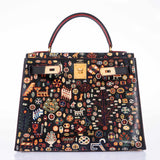 Vintage Hermes Kelly 28 Sellier Black Box Painted "Qashqai" Design with Gold Hardware