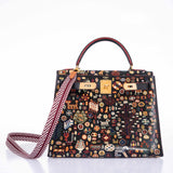 Vintage Hermes Kelly 28 Sellier Black Box Painted "Qashqai" Design with Gold Hardware