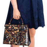 Vintage Hermes Kelly 28 Sellier Black Box Painted "Qashqai" Design with Gold Hardware