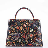 Vintage Hermes Kelly 28 Sellier Black Box Painted "Qashqai" Design with Gold Hardware
