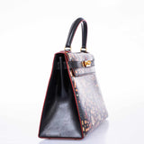 Vintage Hermes Kelly 28 Sellier Black Box Painted "Qashqai" Design with Gold Hardware