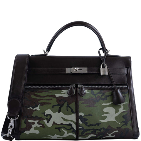 Vintage Hermes Kelly Lakis 35 Chocolate Box & Toile Camouflage Painting Palladium Hardware