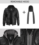 Men's Black Bomber Leather Jacket with Removable Hood