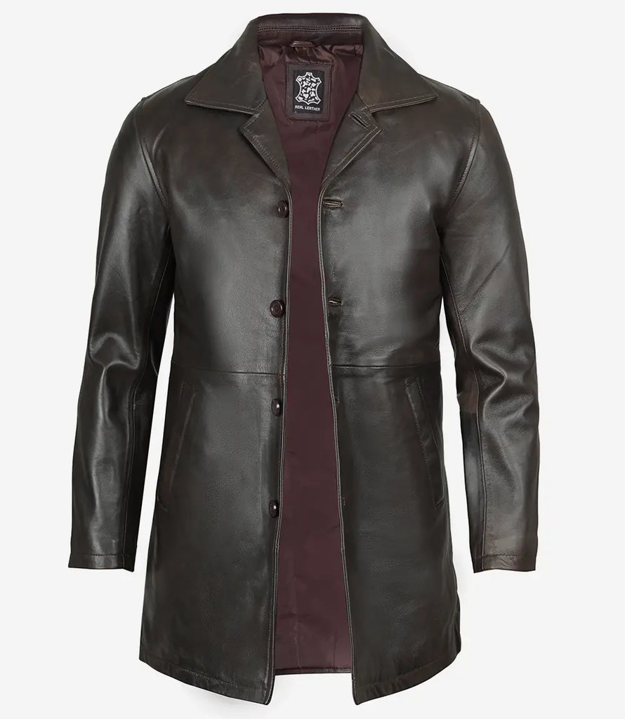 Tall Men's Distressed Dark Brown Leather Car Coat