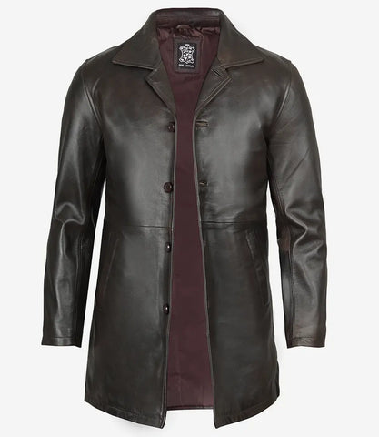 Tall Men's Distressed Dark Brown Leather Car Coat