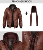 Men's Brown Tall Leather Bomber Jacket With Removable Hood
