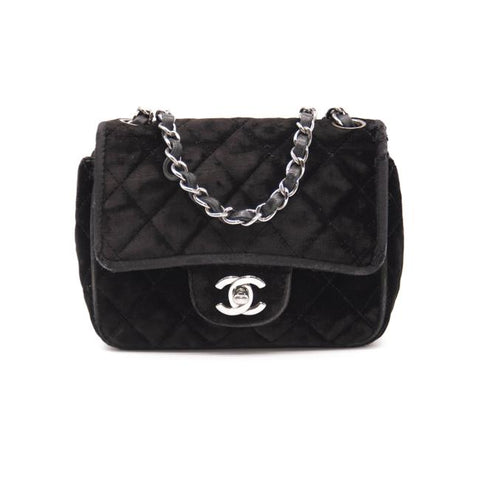 Chanel Classic Quilted Mini Square Flap Cc Logo Black Velvet Shoulder Bag