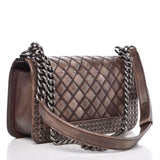 Chanel Handbag Boy Faded Quilted Medium Studded Flap Beige Brown Calfskin Leather Shoulder Bag