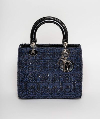 Christian Dior Blue Tweed and Patent Lady Dior Bag