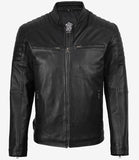 Men’s Real Leather Cafe Racer Jacket with Padded Shoulders