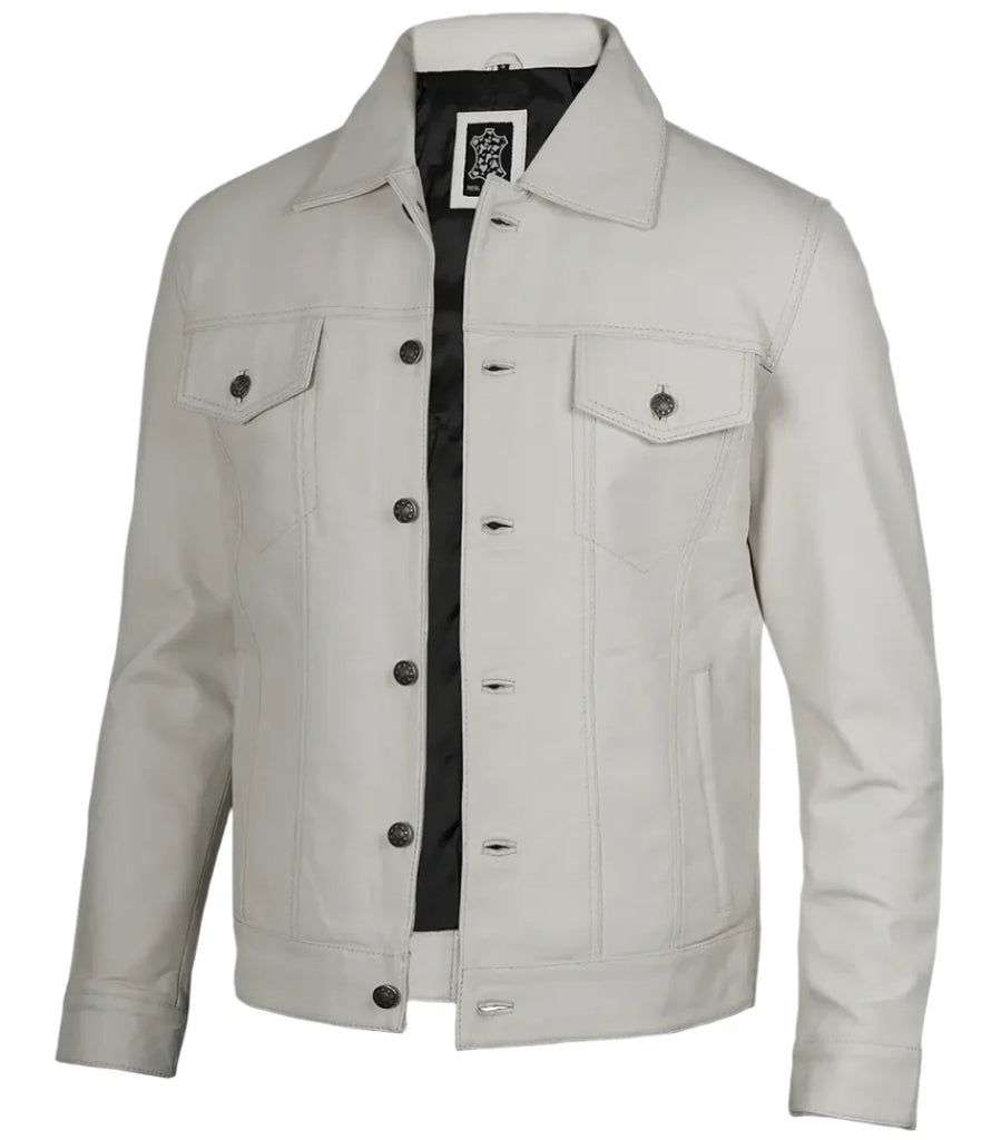 Fernando Men's Off White Leather Trucker Jacket