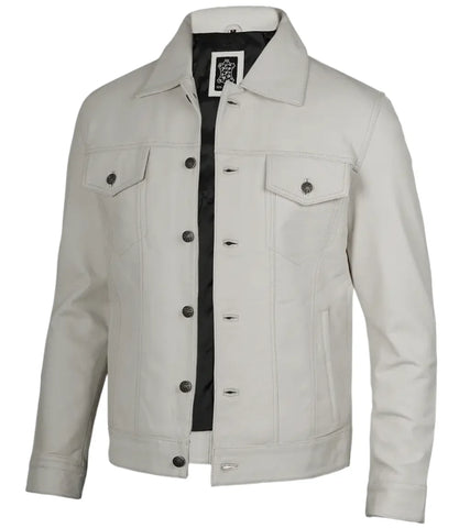 Fernando Men's Off White Leather Trucker Jacket