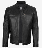 Men’s Real Leather Cafe Racer Jacket with Padded Shoulders