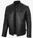 Men’s Real Leather Cafe Racer Jacket with Padded Shoulders
