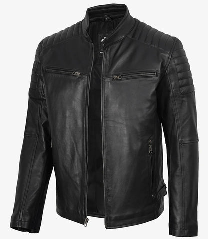 Men’s Real Leather Cafe Racer Jacket with Padded Shoulders