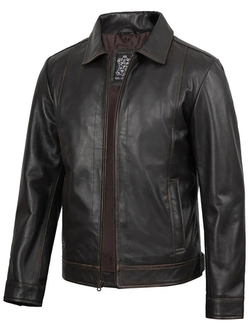 Mens Distressed Dark Brown Biker Style Leather Jacket