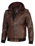 Edinburgh Men's Dark Brown Leather Bomber Jacket With Removable Hood