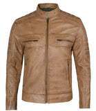 Austin Mens Distressed Tan Brown Cafe Racer Real Leather Jacket