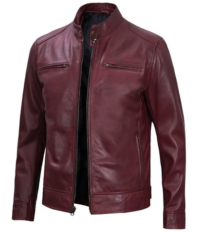 Dodge Men's Burgundy Cafe Racer Style Leather Jacket