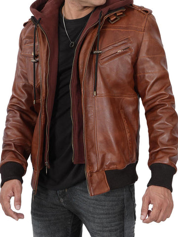 Men's Brown Tall Leather Bomber Jacket With Removable Hood