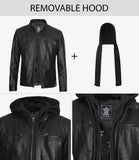 Jonathan Mens Black Cafe Racer Style Leather Jacket with Removable Hood